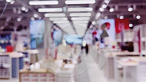 Fashion, retail and shop, blurred interior view of footwear shoe store in luxury shopping mall as defocused background