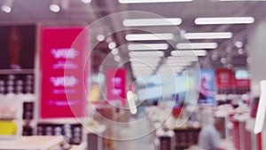 Fashion, retail and shop, blurred interior view of footwear shoe store in luxury shopping mall as defocused background