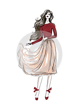 Fashion romantic outfit with wavy skirt sketch