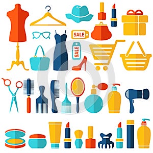 Fashion, sale and shopping flat icons set