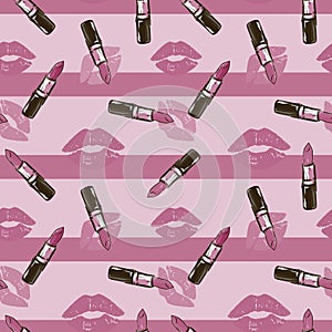 Fashion Seamless cosmetics pattern with lipstick kisses and lipsticks on pink striped background