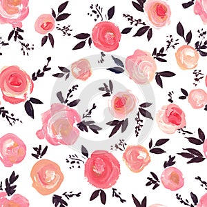 Fashion seamless pattern with beautiful gouache flowers on the white background.