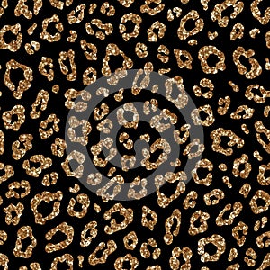 Fashion seamless pattern with gold glitter leopard fur. Sparkle animal skin on black background