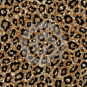 Fashion seamless pattern with gold glitter leopard fur. Sparkle animal skin on black background