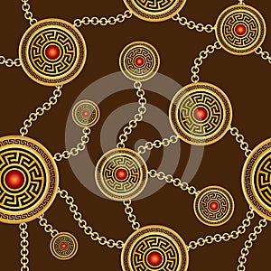 Fashion seamless pattern with golden chains and motifs on dark brown background. Fabric design for textile.
