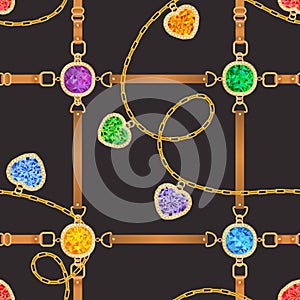 Fashion Seamless Pattern with Golden Chains, Straps and Gems. Fabric Design Background with Chain, Gemstones