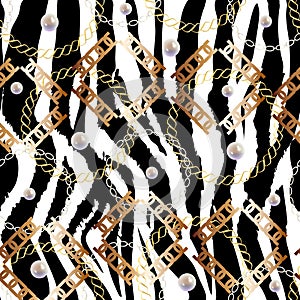 Fashion Seamless Pattern with Golden Chains and zebra print. Fabric Design Background with Chain, Metallic accessories