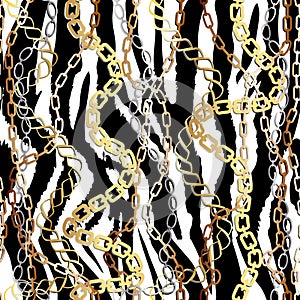 Fashion Seamless Pattern with Golden Chains and zebra print. Fabric Design Background with Chain, Metallic accessories