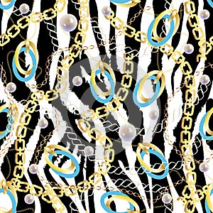 Fashion Seamless Pattern with Golden Chains and zebra print. Fabric Design Background with Chain, Metallic accessories