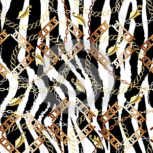 Fashion Seamless Pattern with Golden Chains and zebra print. Fabric Design Background with Chain, Metallic accessories