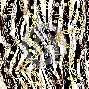 Fashion Seamless Pattern with Golden Chains and zebra print. Fabric Design Background with Chain, Metallic accessories