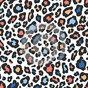 Fashion seamless pattern with leopard fur. Colorful animal skin on white background