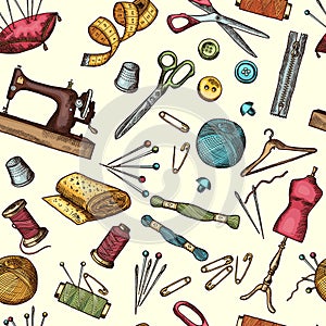 Fashion seamless pattern with pictures of industrial tools for needlework or sewing workshop