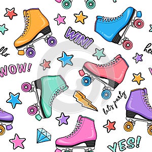 Fashion seamless pattern with retro colorful roller skates, stars, flashes, diamonds and typography