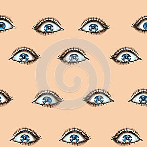 Fashion seamless pattern with woman blue eyes face expressions shine eyes, surprised. Hand drawn vector art