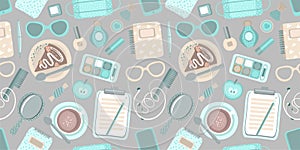 Fashion seamless pattern with women`s accessories, cosmetics, sweets, gadgets