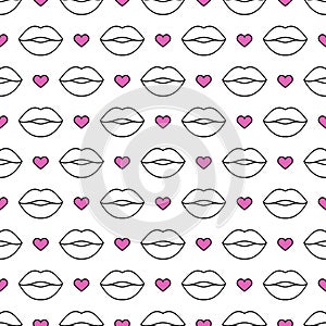 Fashion seamless vector pattern. Pink hearts and lips elements with black outlines on the white background. Creative background