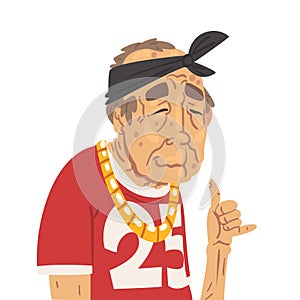 Fashion Senior Man Character, Old Man Hip Hop Gangsta Rapper in Bandana Vector Illustration