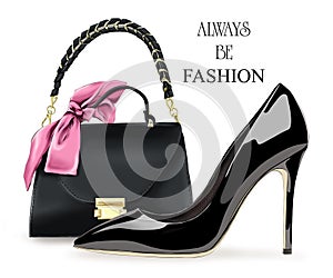 Fashion set with black high heel shoe and bag. Stylish accessories.