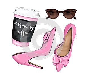 Fashion set with paper coffee cup, stylish pink shoes and sunglasses. Beautiful accessory flat lay.