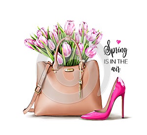 Fashion set with pink shoe, female bag and tulips.