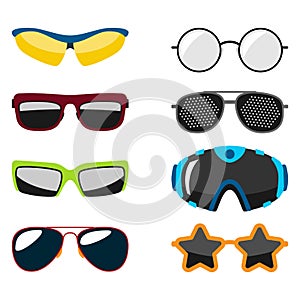 Fashion set sunglasses accessory sun spectacles plastic frame modern eyeglasses vector illustration.