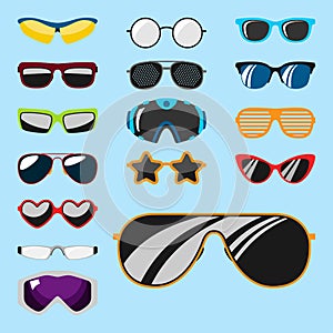 Fashion set sunglasses accessory sun spectacles plastic frame modern eyeglasses vector illustration.