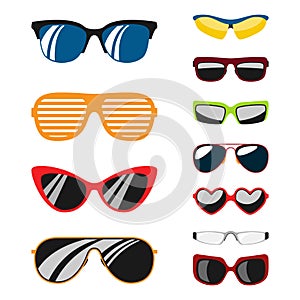 Fashion set sunglasses accessory sun spectacles plastic frame modern eyeglasses vector illustration.