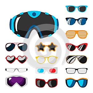 Fashion set sunglasses accessory sun spectacles plastic frame modern eyeglasses vector illustration.