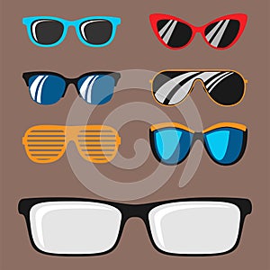 Fashion set sunglasses accessory sun spectacles plastic frame modern eyeglasses vector illustration.