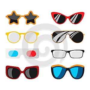 Fashion set sunglasses accessory sun spectacles plastic frame modern eyeglasses vector illustration.