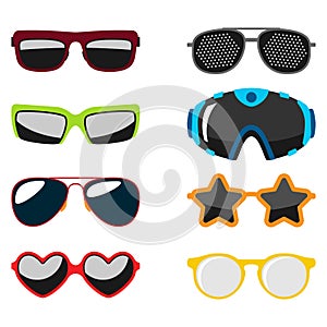 Fashion set sunglasses accessory sun spectacles plastic frame modern eyeglasses vector illustration.