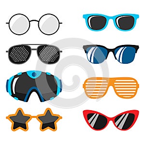 Fashion set sunglasses accessory sun spectacles plastic frame modern eyeglasses vector illustration.