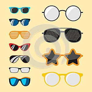 Fashion set sunglasses accessory sun spectacles plastic frame modern eyeglasses vector illustration.