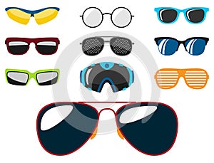 Fashion set sunglasses accessory sun spectacles plastic frame modern eyeglasses vector illustration.