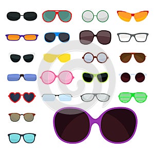 Fashion set sunglasses accessory sun spectacles plastic frame modern eyeglasses vector illustration.