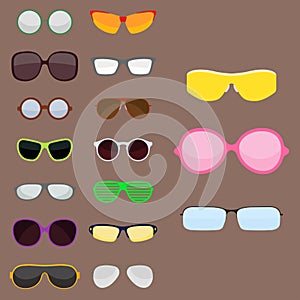 Fashion set sunglasses accessory sun spectacles plastic frame modern eyeglasses vector illustration.