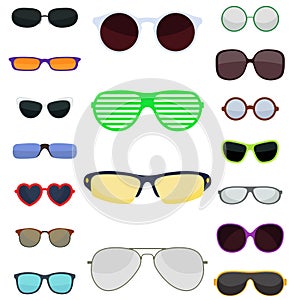 Fashion set sunglasses accessory sun spectacles plastic frame modern eyeglasses vector illustration.