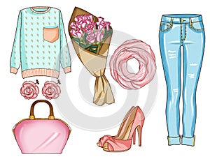 Fashion set of woman's clothes, accessories, and shoes . Casual outfits in blue denim and pink color