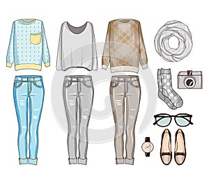Fashion set of woman's clothes, accessories, and shoes . Casual outfits clip art