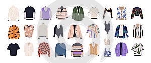 Fashion shirts, tshirts, cardigans, blouses set. Modern top apparel, clothes. Sweatshirts, jumpers, knitted sweaters, bodies and