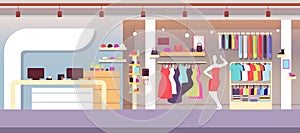 Fashion shop. Boutique fashion store with female clothes and women bags. Shopping mall vector interior photo