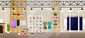 Fashion Shop. Interior Clothes Store. Banner With Copy Space. Flat. Vector illustration