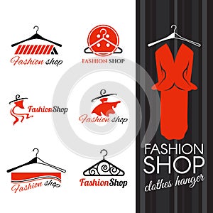 Fashion shop logo - Clothes hanger and studs dress vector design photo