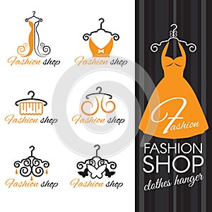 Fashion shop logo - Orange Clothes hanger and dress and butterfly