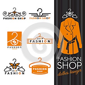 Fashion shop logo - orange shirts and Clothes hanger logo vector set design