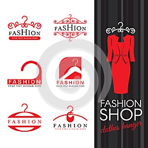 Fashion shop logo - Red clothes hanger logo sign vector set design photo