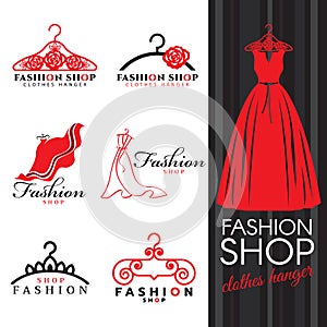 Fashion shop logo - Red dress and Clothes hanger logo vector set design