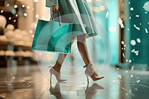 Fashion shopper woman legs walking with colorful shopping bag on mall