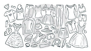 Fashion, shopping, boutique set icons. Collection of fashionable women`s clothing. Vector illustration